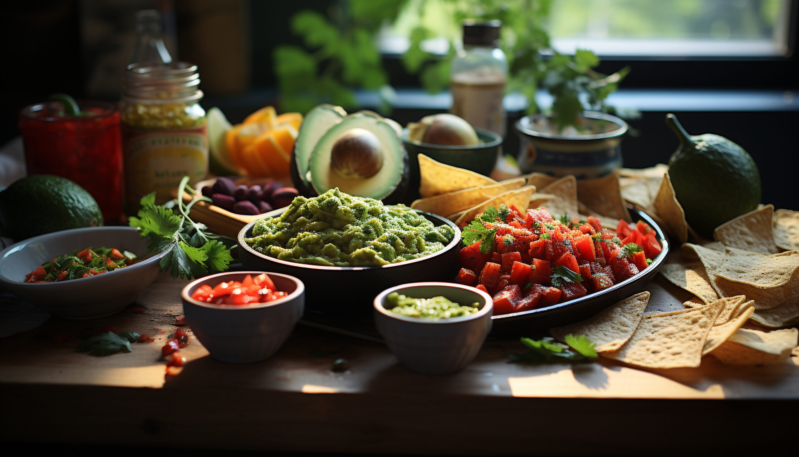 Fresh guacamole, a healthy dip, served with tortilla chips and lime generated by AI